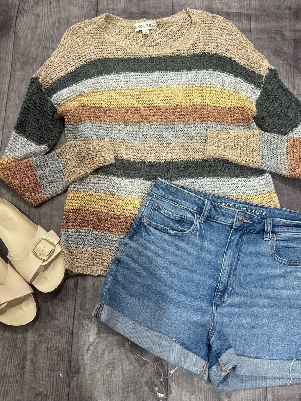 Knox Rose Striped Crewneck Sweater - Cream, Green, Mustard & Tan